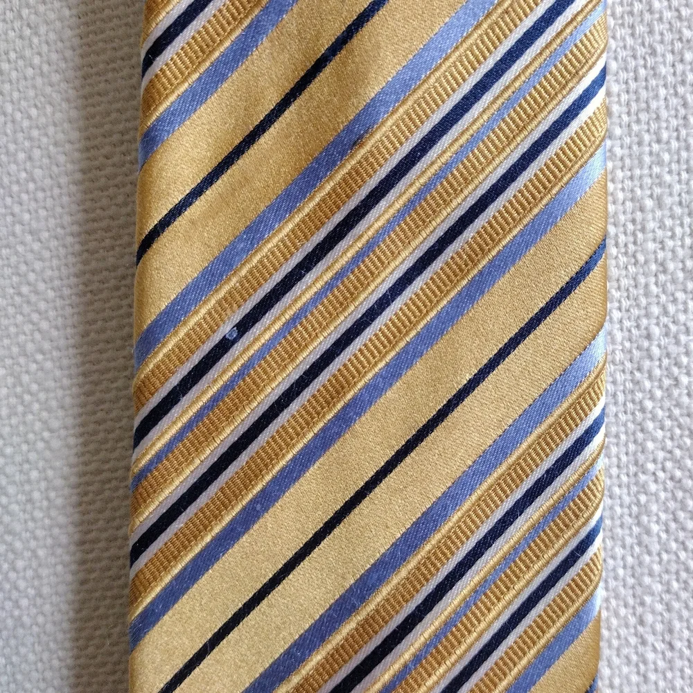 Silk Geoffrey Beene Gold, Silver, and Blue Striped Tie